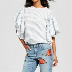 Who What Wear Ruffle Short Sleeve Blouse XS Blue and White